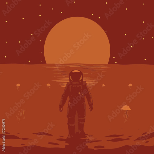 Vector art of an astronaut stands on an alien planet with jellyfish floating in the water, a giant sun, and stars in the sky, creating a surreal landscape