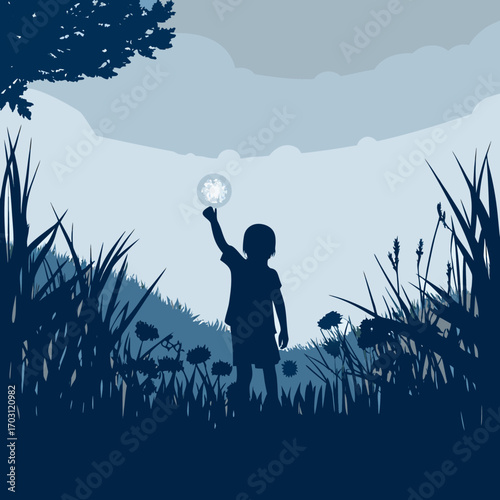 Vector art of a child reaches for a dandelion seed head in a field with tall grass and a tree, creating a peaceful and nostalgic scene in blue tones