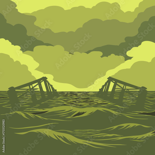 Vector art of the remains of a pier stand in the water under a cloudy sky, creating a sense of desolation and decay in a monochromatic green landscape
