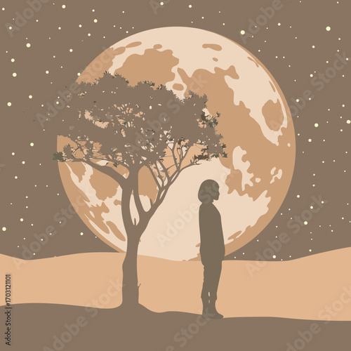 Vector art of a solitary figure stands beneath a tree, silhouetted against a giant moon in a serene, dreamlike landscape under a starlit sky at night