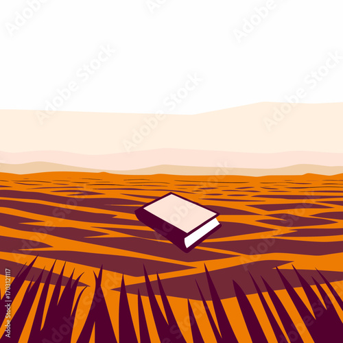 Vector art of an open book lies in a field of grass with mountains in the background, inviting the reader to explore the world of literature