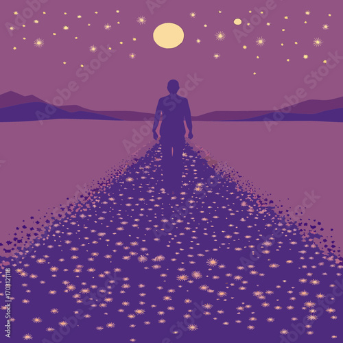 Vector art of a lone figure walks towards the moon on a starlit path, symbolizing a journey of selfdiscovery and hope under the vast night sky