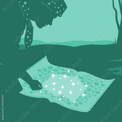 Vector art of an elderly woman kneels, carefully examining a shimmering, magical cloth, its surface alive with sparkling stars, a scene of wonder and enchantment