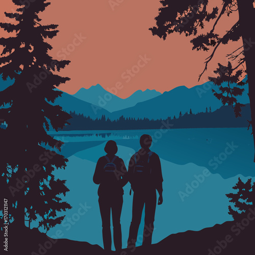 Vector art of a couple of hikers admiring the view of a lake and mountains at sunset, surrounded by trees in a stylized vector illustration