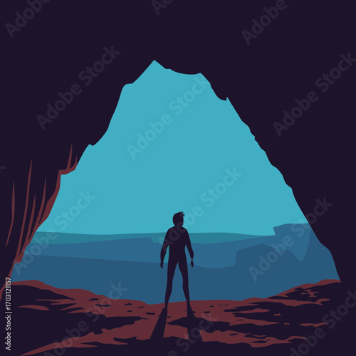 Vector art of a lone figure stands at the mouth of a cave, gazing out at a vast canyon landscape, bathed in the soft light of the setting sun, adventure awaits