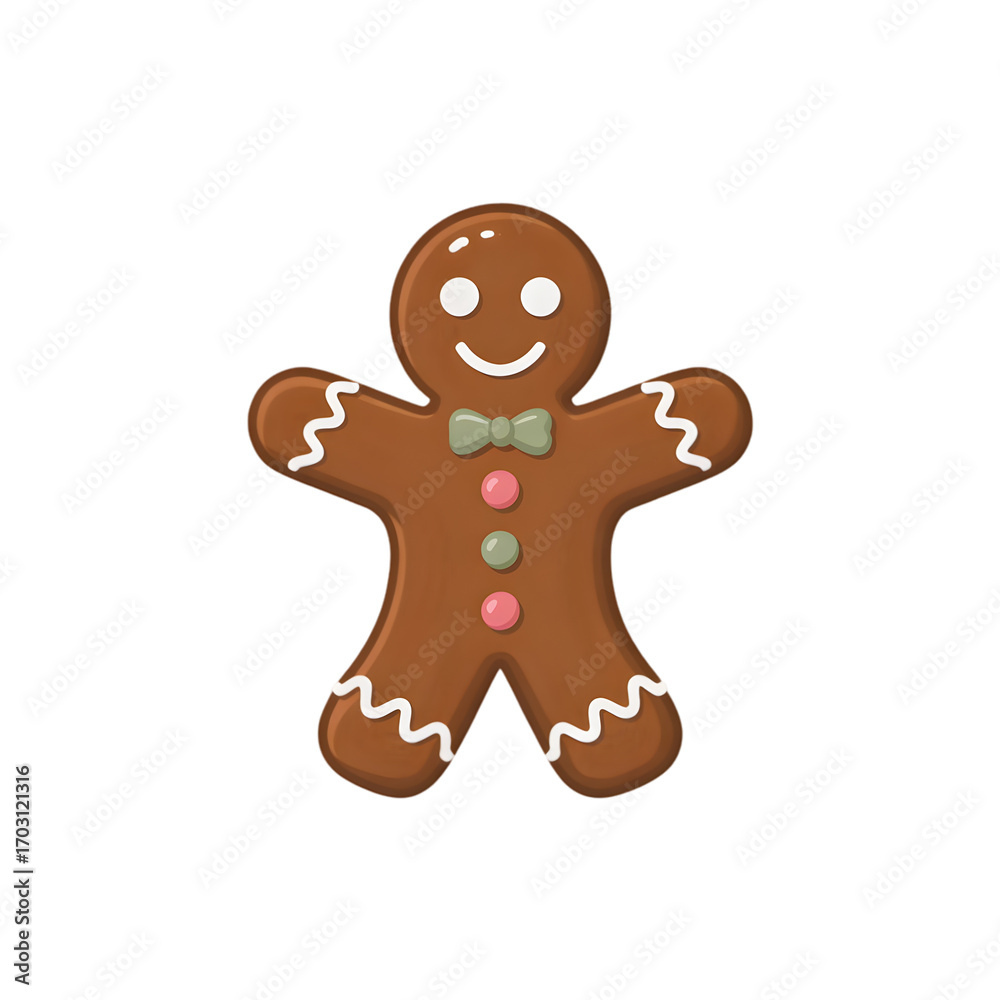 Obraz premium A cheerful gingerbread man cookie with buttons and bow tie perfect for Christmas and winter holidays