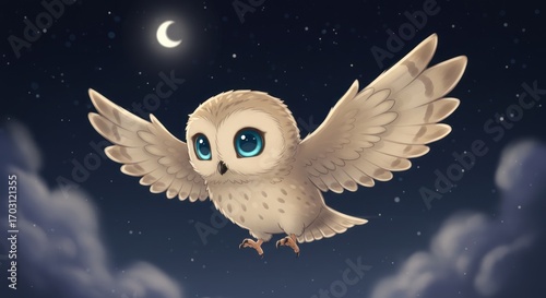 Chibi Style Owl Flying Under the Moonlit Sky A Whimsical Nocturnal Adventure