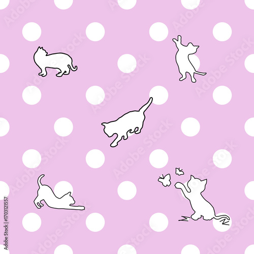 Seamless pattern of the cat on dot .For background, fabric,card.texture.