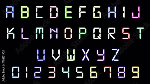 Digital Alphabet letter sign animation on black background, digital font alphabet letter and numbers animated with alpha channel.