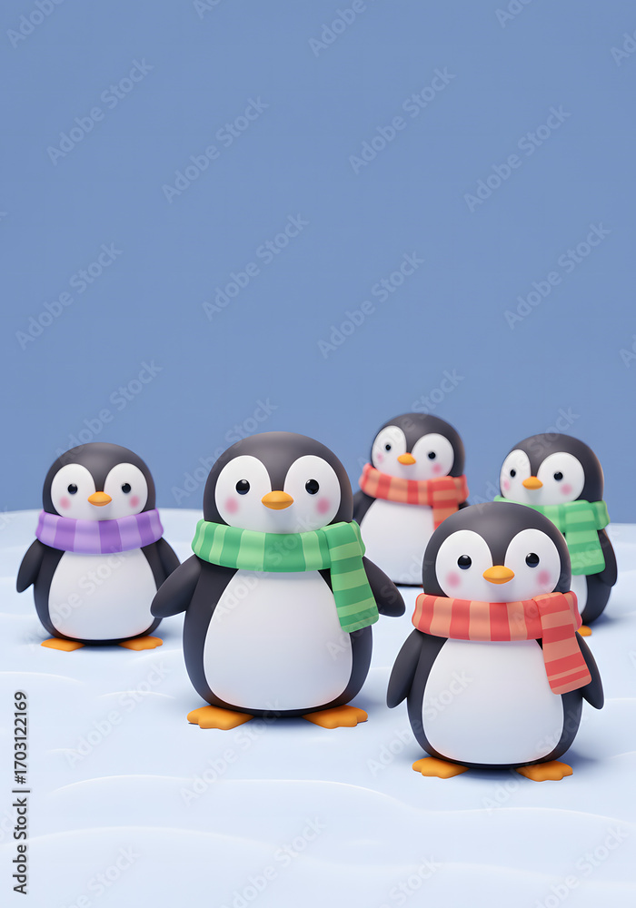 Fototapeta premium Adorable Penguins in Winter Scarves A Cute 3D Render