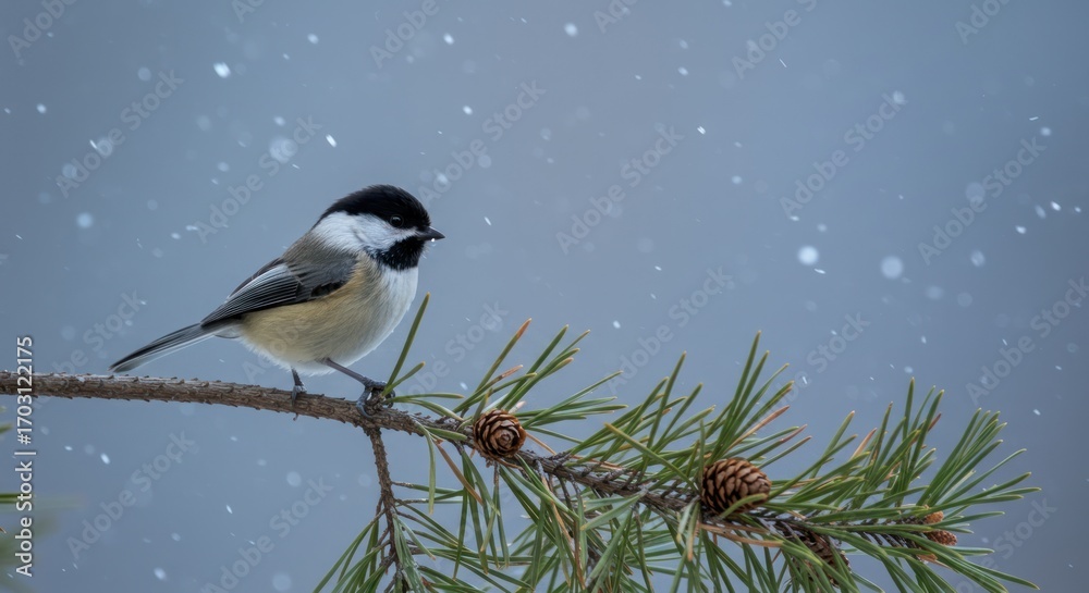 Obraz premium Black-capped Chickadee Perched on Pine Branch in Snow