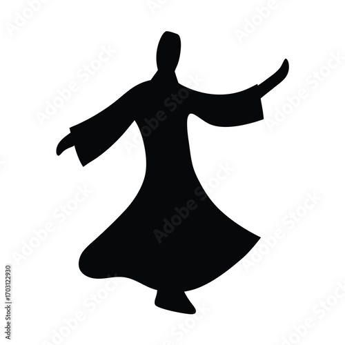 Silhouette of a whirling dervish performing Sufi dancing on a white background