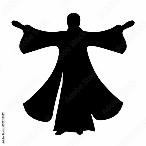 Silhouette of a robed figure with outstretched arms against a white background