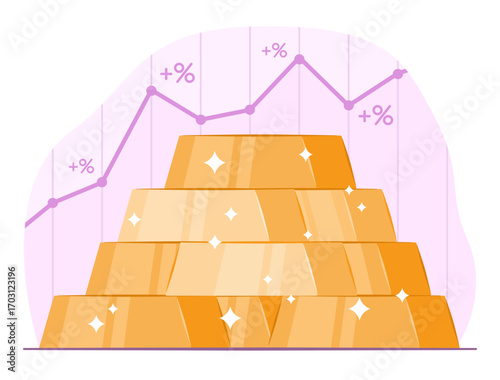 Stack of Gold Bullion with Stock Exchange Line Graph Chart Report for Online Thematic Investment Concept Illustration