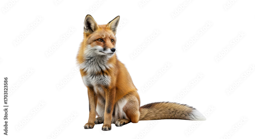Fototapeta premium Red fox sitting on white background, wild orange fox with bushy tail isolated on transparent background, realistic forest animal portrait
