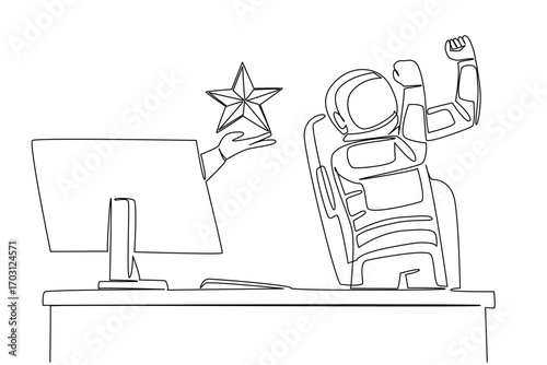 Continuous one line drawing hand of astronaut out of monitor screen while holding a star shape. Astronauts who shine like stars. Rate. Things from Screen. Single line draw design vector illustration