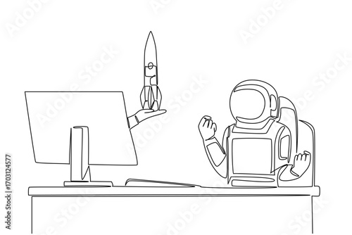 Single one line drawing hand of astronaut out of monitor screen while holding a rocket. Expedition rocket successfully refurbished. Things from Screen. Continuous line design graphic illustration