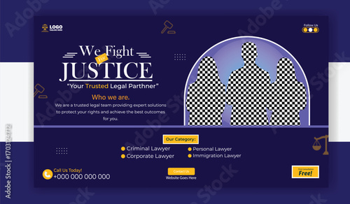 Justice and law firm banner template with man in suit holding laptop