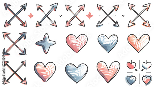 Watercolor Heart and Arrow Vector Illustration Set