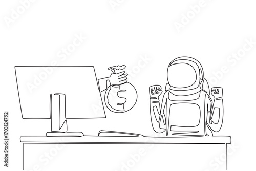 Single continuous line drawing hand of astronaut comes out of monitor screen while holding a money bag. Proper funding benefits the expedition. Things from Screen. One line design vector illustration