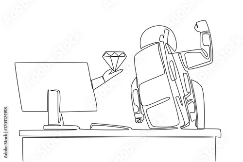 Single one line drawing hand of astronaut out of monitor screen while holds diamond. Luxurious diamonds from the moon. Unmatched luxury. Things from Screen. Continuous line design graphic illustration