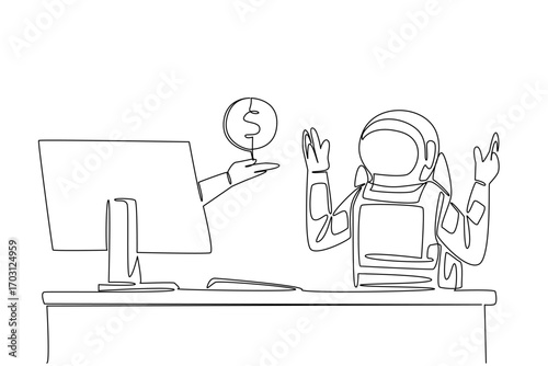 Single one line drawing hand of astronaut out of monitor screen while holding a penny. Additional donations for the expedition. Cash. Things from Screen. Continuous line design graphic illustration