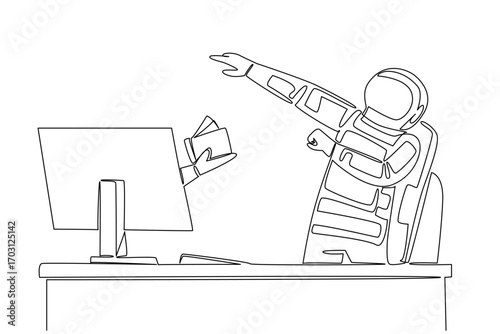Single one line drawing hand of astronaut out of monitor screen while holding a wallet with some money coming out. Promised bonus. Cash. Things from Screen. Continuous line design graphic illustration