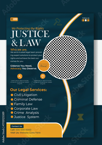 Attorney flyer template with lawyer signing document isolated on white background