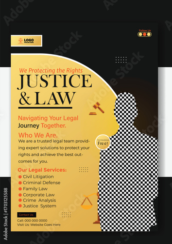 Attorney flyer template with lawyer signing document isolated on white background