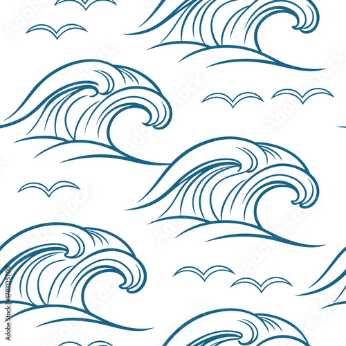 Vector art of seamless pattern of stylized blue waves and seagulls on a