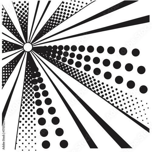 Vector art of abstract radial burst of black lines and dots originating from a central point