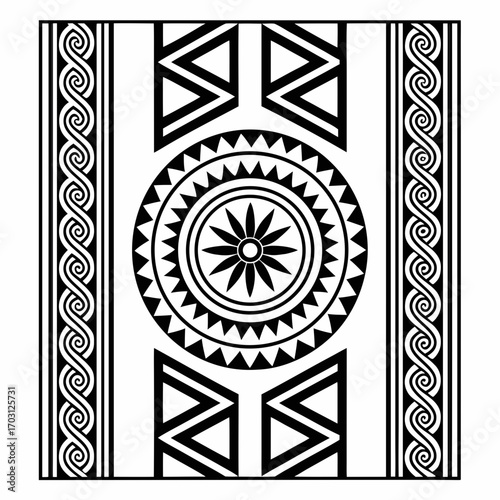 Vector art of geometric tribal pattern with a central sun motif and decorative borders