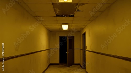 Backrooms yellow hallway with buzzing lights and wet patch