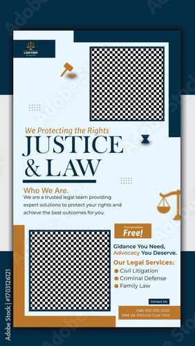 Justice and law firm social media story post template design isolated on white background