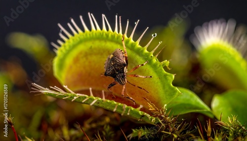 Close-up of a Venus flytrap and insect