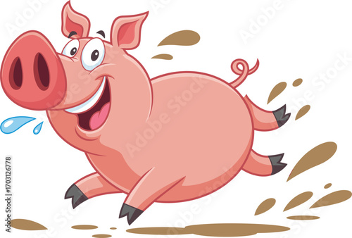 Happy cartoon pig running through mud, flat vector illustration of farm animal character, fun livestock scene, playful piglet design element