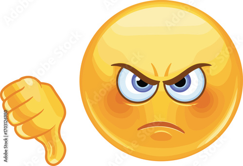 Angry emoji showing thumbs down hand gesture, flat vector illustration of disapproval, cartoon emoticon, mad face, negative expression design