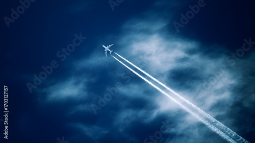 Commercial airliner ascends through a cloudy blue sky, viewed from the wingtip with visible vapor trails.