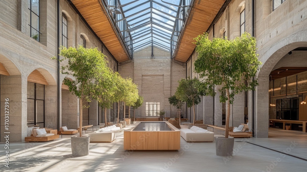 Fototapeta premium Newly built empty warehouse with clean walls, high ceilings, and skylights, creating a bright and modern industrial setting
