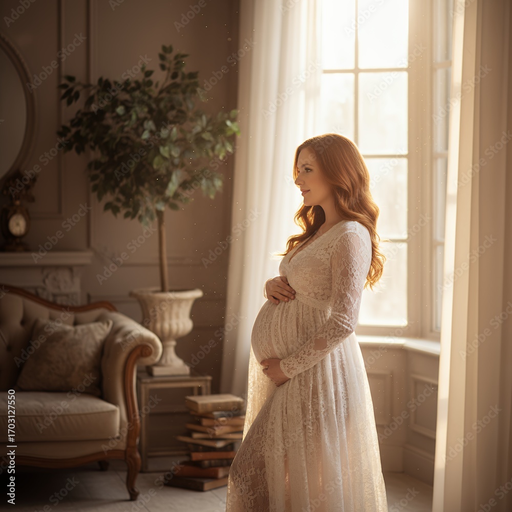 Fototapeta premium Pregnant Woman in Elegant Lace Gown, Maternity Photography, Expectant Mother, Gentle Light, Soft Focus, Indoor Studio Shot