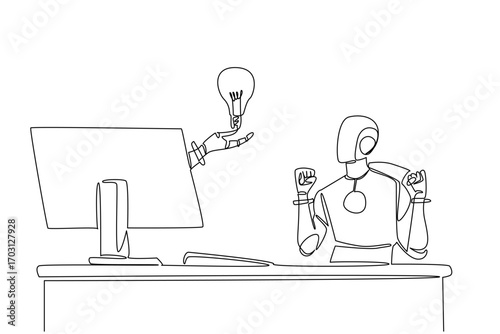 Single continuous line drawing hand of robot out of monitor screen while holding a bulb lamp. Innovation that generates artificial intelligence. Things from Screen. One line design vector illustration