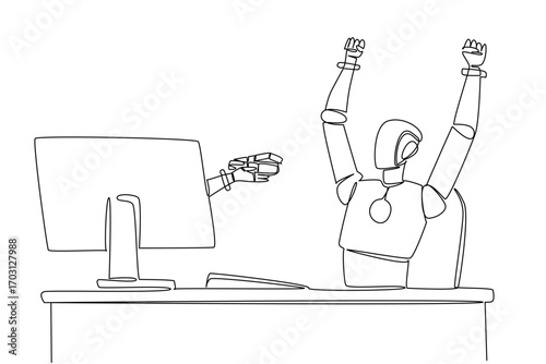 Single continuous line drawing hand of robot out from monitor screen holding a safe stack of banknotes. Very profitable copyright sales. Tech. Things from Screen. One line design vector illustration