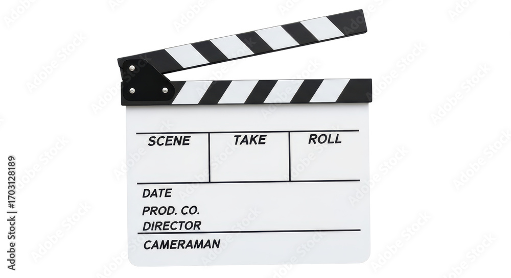Fototapeta premium Professional movie clapperboard on white background, blank film slate for cinema production, classic director action board with scene and take labels