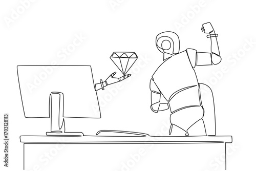 Single one line drawing hand of robot out of monitor screen while holding a diamond. The luxury of artificial intelligence. Smart robot. Things from Screen. Continuous line design graphic illustration