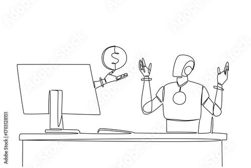 Single continuous line drawing hand of robot out of monitor screen while holding penny. Designing a savings program, Technology manages finance. Things from Screen. One line design vector illustration