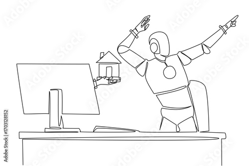 Single one line drawing hand of robot out of monitor screen while holding a miniature house. Design the dream home with AI technology. Things from Screen. Continuous line design graphic illustration