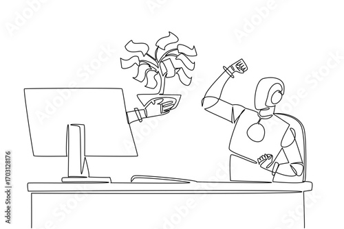 Continuous one line drawing hand of robot out of monitor screen while hold money tree with leaves made of banknotes. Branching benefits. Things from Screen. Single line draw design vector illustration