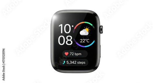 Modern square black smartwatch with digital display showing time, weather, heart rate, and steps on a clean white background, ideal for technology and health concepts.