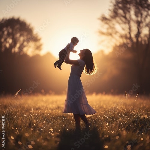 Silhouette of a mother joyfully lifting her baby in a sunlit field at golden hour