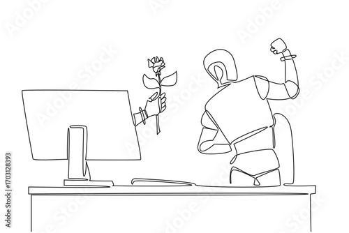 Continuous one line drawing hand of robot out of monitor screen while holding a rose flower. Artificial intelligence generates empathy. Things from Screen. Single line draw design vector illustration